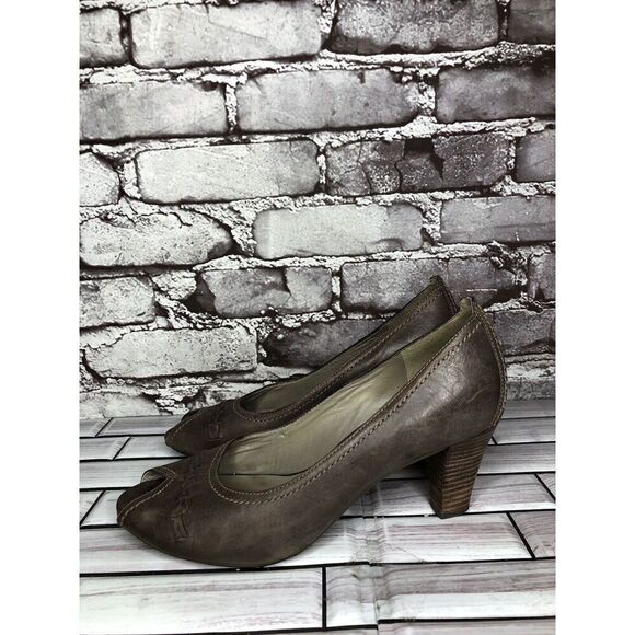 Ecco Brown Leather Peep Toe Pumps Comfort Stacked Heels Women’s Sz 38EU/7.5M US - Picture 1 of 14